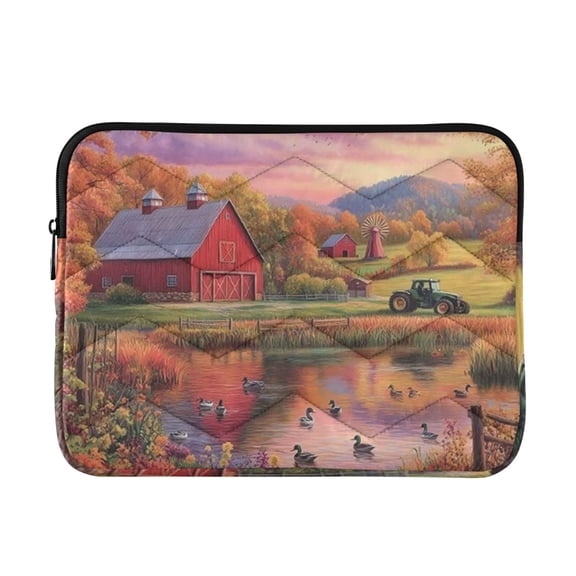Quilted Padded Farm Red Barns and Tractors Printed Laptop Sleeve Case for 1314 inch
