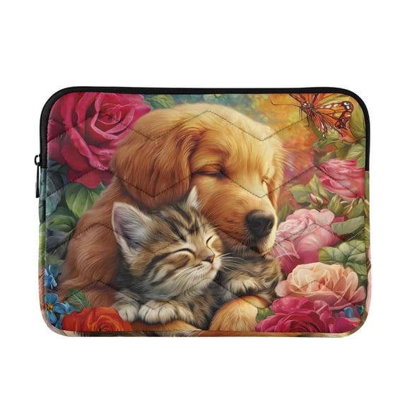 Quilted Padded Sleepy Dog Cat Roses Printed Laptop Sleeve Case for 1314 inch
