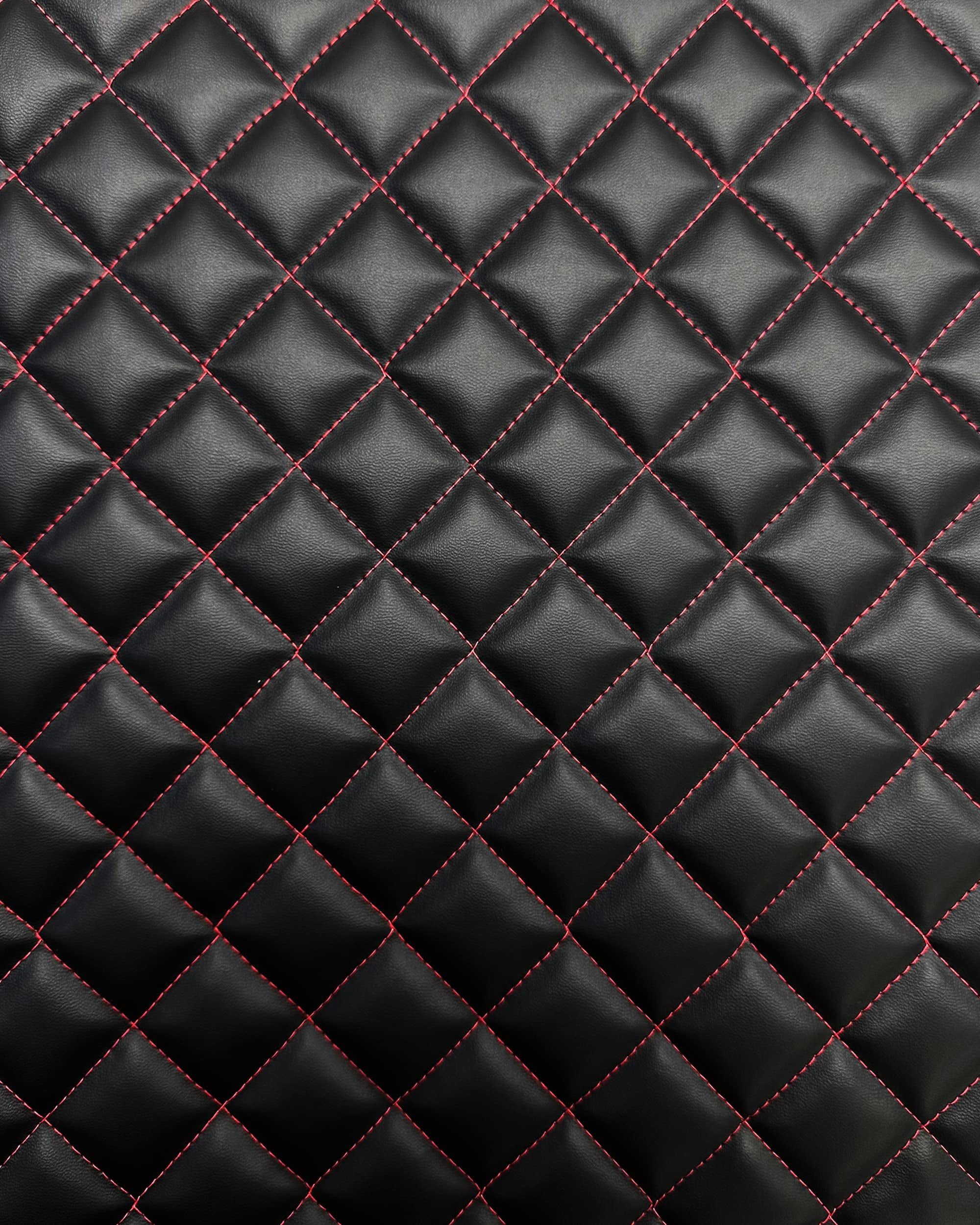 Quilted Padded Vinyl Fabric w 3/8" Foam Backing Smooth Grain Texture 2"x2" Diamond Upholstery /52" Wide/Sold by The Yard - Padded Wall Covering, Accent Wall, Craft n Sewing Vinyl (Black, Red Thread)