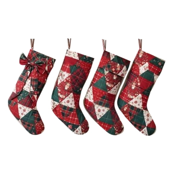 Quilted Patchwork Christmas Stockings, 18-Inch, Cotton, 4 Count