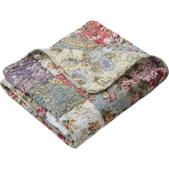 Quilted Patchwork Throw Blanket, Cotton Reversible Bed Throw, Multi-Color Floral Country Style