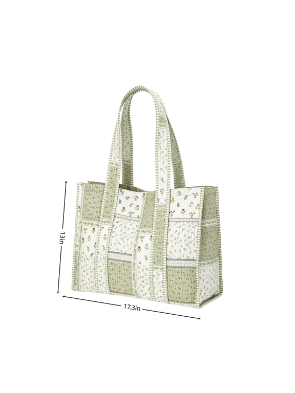 Quilted Patchwork Tote Bag, Large Capacity Floral Shoulder Bag, French Vintage Farmhouse Rustic Handbag for Unisex Shopping Beach Travel Daily Use