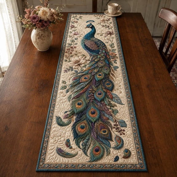 Quilted Peacock Table Runner, Peacock Home Decor, Elegant Bird Dining Table Runner, Exotic Botanical Home Decor, Peacock Lover Gift