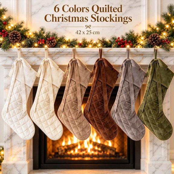 Quilted Personalized Christmas Stocking 1 Pc 16.5 Inch Earth Tones Christmas Stocking, Rustic Cozy Hanging Xmas Stocking Decorations for Family Holiday Decor