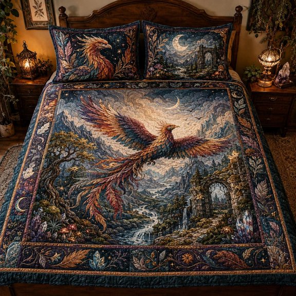 Quilted Phoenix Bed Quilt, Fantasy Mythical Bird Bedspread Decor