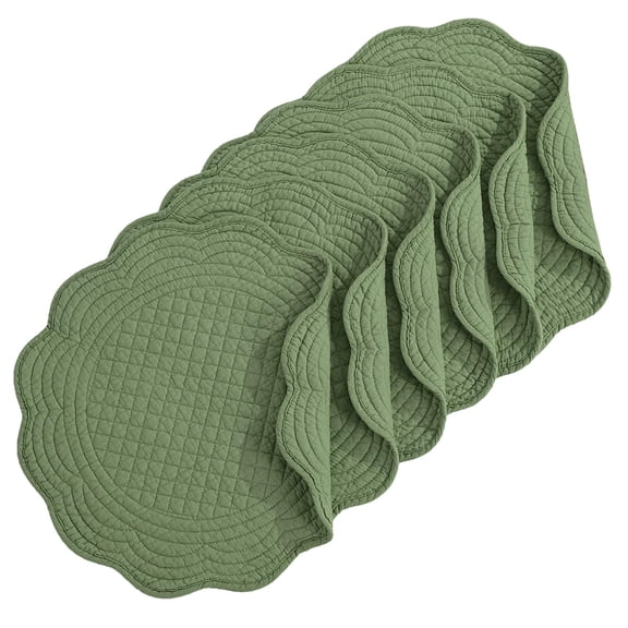 Quilted Placemats Set Of 6 Washable Round For Kitchen Table-cotton Fabric 14 Inch Table Mats Withfiber Filling (14"x14" Green)