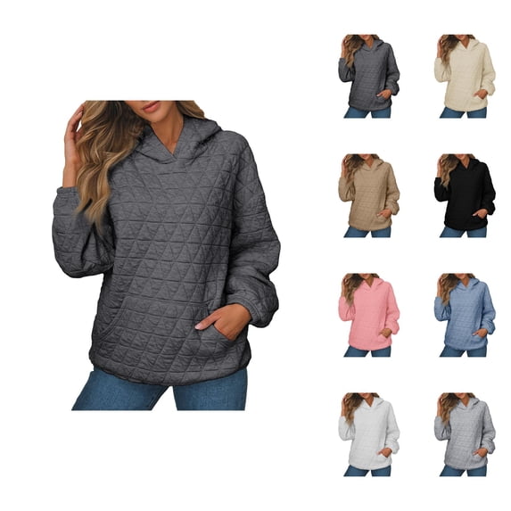 Quilted Plain Hoodies for Women Fall Winter Long Sleeve Basic Hooded Sweatshirt with Pockets Pullover Tops