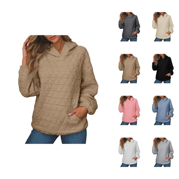 Quilted Plain Hoodies for Women Fall Winter Long Sleeve Basic Hooded Sweatshirt with Pockets Pullover Tops