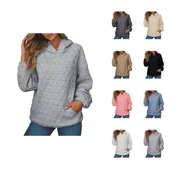 Quilted Plain Hoodies for Women Fall Winter Long Sleeve Basic Hooded Sweatshirt with Pockets Pullover Tops
