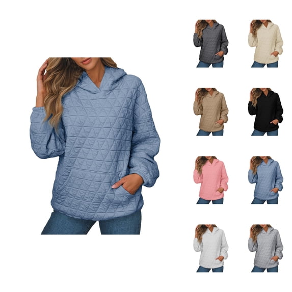 Quilted Plain Hoodies for Women Fall Winter Long Sleeve Basic Hooded Sweatshirt with Pockets Pullover Tops