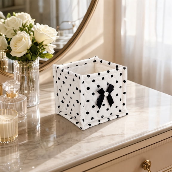 Quilted Polka Dot Fabric Storage Cube with Bow and Heart Stitching, Foldable Small Desk Organizer for Cosmetics and Sundries