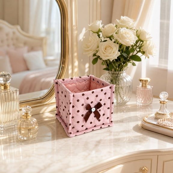 Quilted Polka Dot Storage Bin with Bow Decor Heart Stitch Fabric Cube Organizer Foldable for Desktop Cosmetic Sundries Home Decor