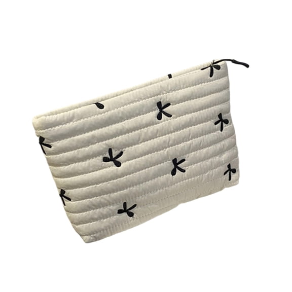 Quilted Polyester Cosmetic Pouches with Embroidered Bowknot Travel Essential
