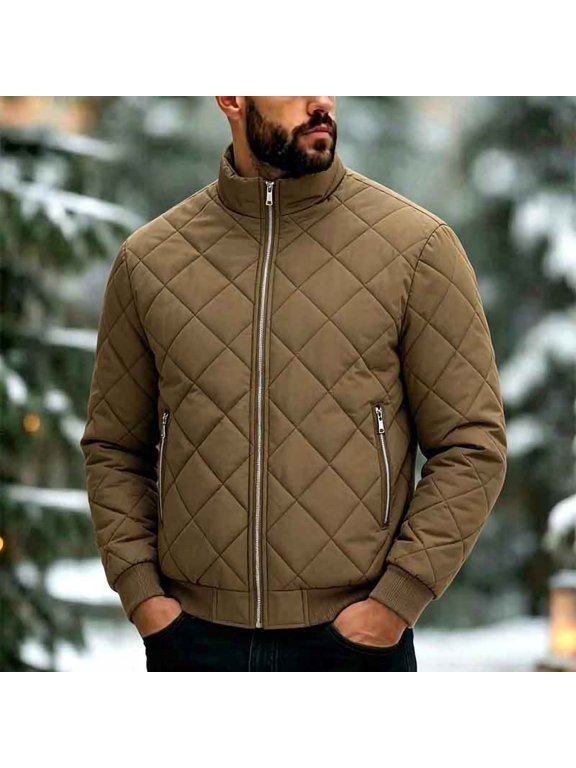 Quilted Puffer Jacket Men Stand Collar Zip Up Coat Long Sleeve Dowm Jackets with Pockets Warm Fall Winter Casual Outerwear