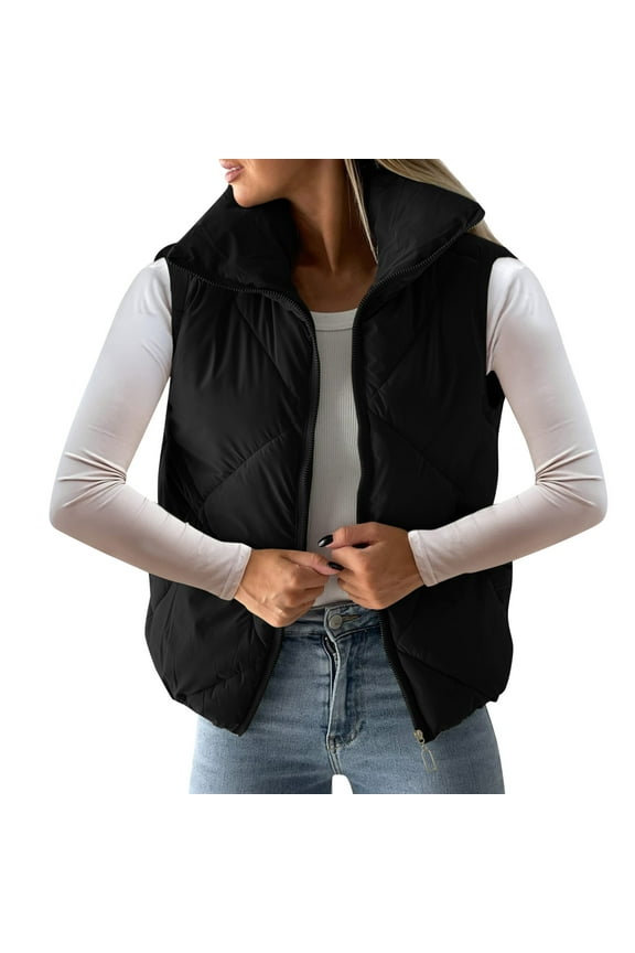 Quilted Puffer Jacket Women Short Zip Up Padded Coat Black XXXXS