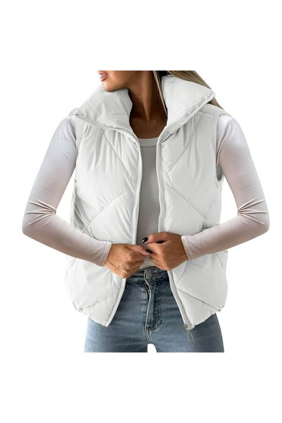 Quilted Puffer Jacket Women Short Zip Up Padded Coat White M