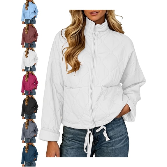Quilted Puffer Jacket for Women Ribbed Collar Long Sleeve Zip Front Casual Everyday Jacket