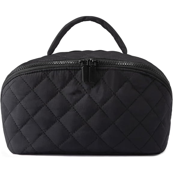 Quilted Puffer Lay Flat Cosmetic Bag Set - Waterproof Travel Toiletry Bag for Women