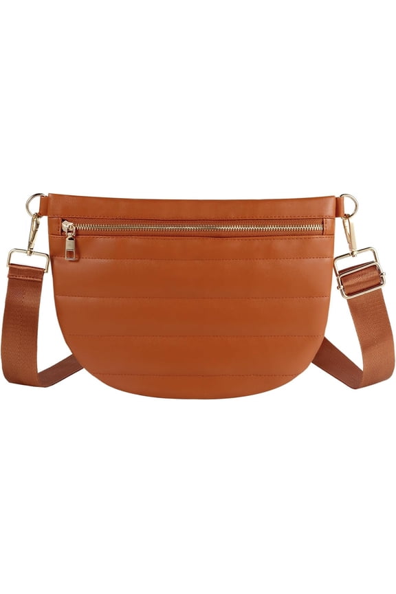 Quilted Puffer Leather Belt Bag for Women Puffer Crossbody Bags Puffy Sling Belt Bag Fanny Pack Bum Chest Bag for Women-Brown