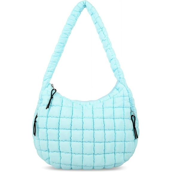 Lohol Quilted Puffer Tote Bag for Women - Large Crossbody Bag, Lightweight Nylon Puffy Carryall Hobo Puff Shoulder Bag(Cyan)