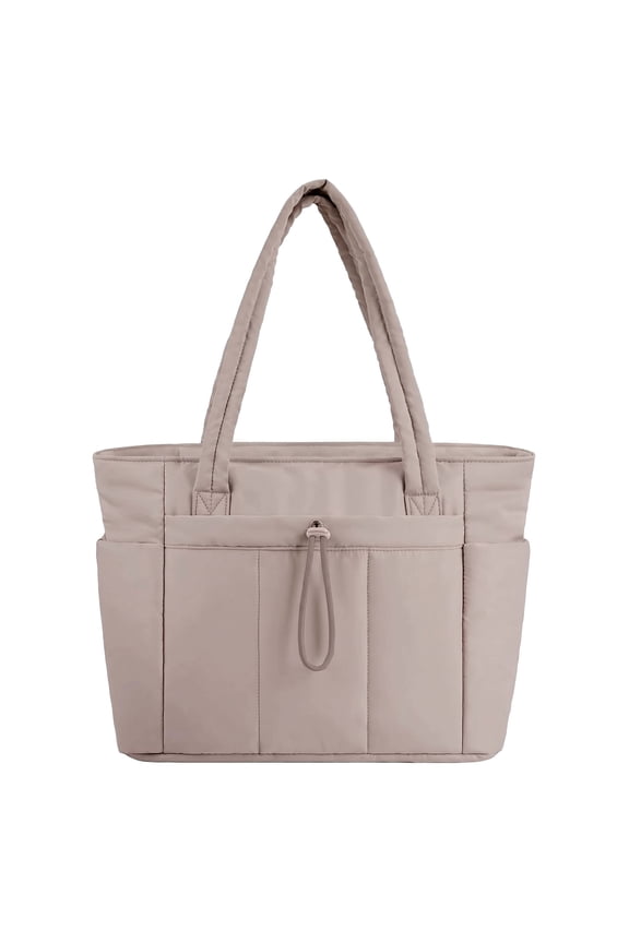 Quilted Puffer Tote Bags for Women with Multiple External Pockets and Top Carry Handles Camel