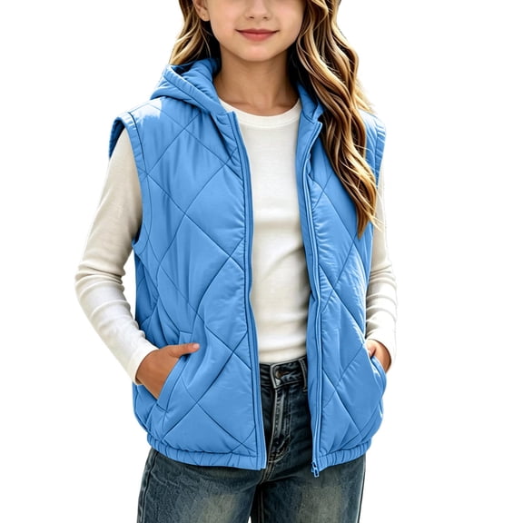 Quilted Puffer Vest for Girl - Hooded Zip up Sleeveless Down Jacket for Kids Travel School Solid Long Sleeve Warm Padded Winter Coat Outerwear, 14-15 Years