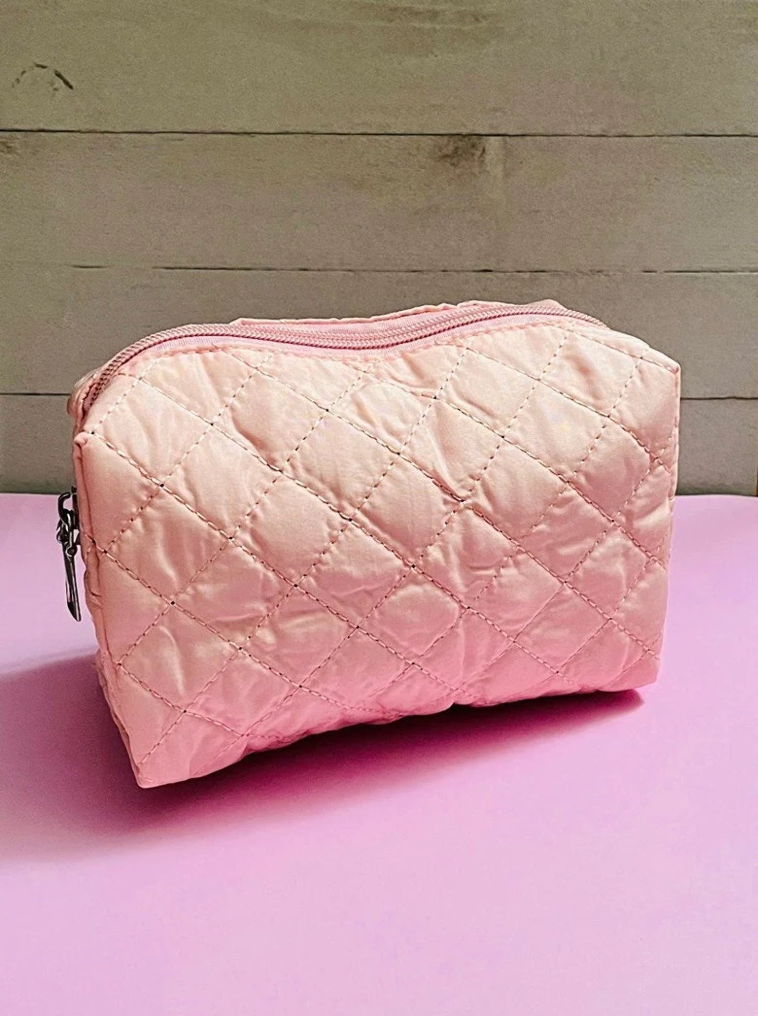 Pink Fluffy Plush Quilted Makeup or Cosmetic Bag 