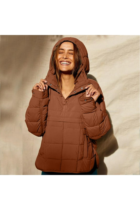 Quilted Pullover Jacket for Women Lightweight Dolman Down Coat Winter Warm Button Hoodie Packable Jackets Outdoor
