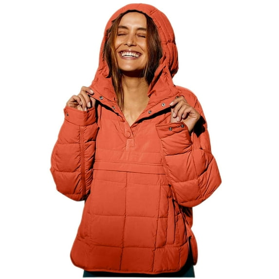 Quilted Pullover Puffer Jacket for Women Long Sleeve Lightweight Hooded Coat Winter Oversized Warm Outwear with Pockets
