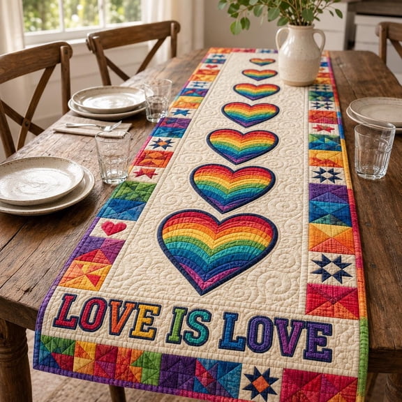 Quilted Rainbow Heart Table Runner, Love Is Love Pride Decor, Patchwork Scarf