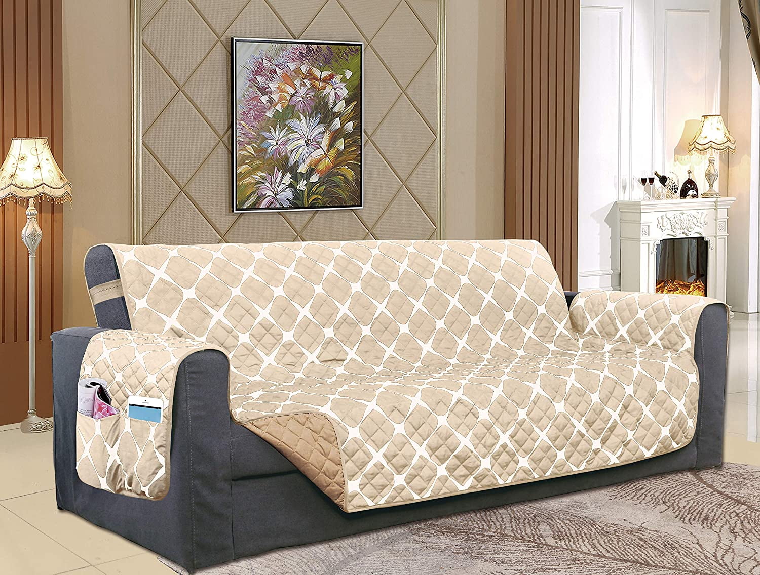 Quilted Reversible Furniture Protector For Pet Dog Children Cream/Taupe Oversize Sofa