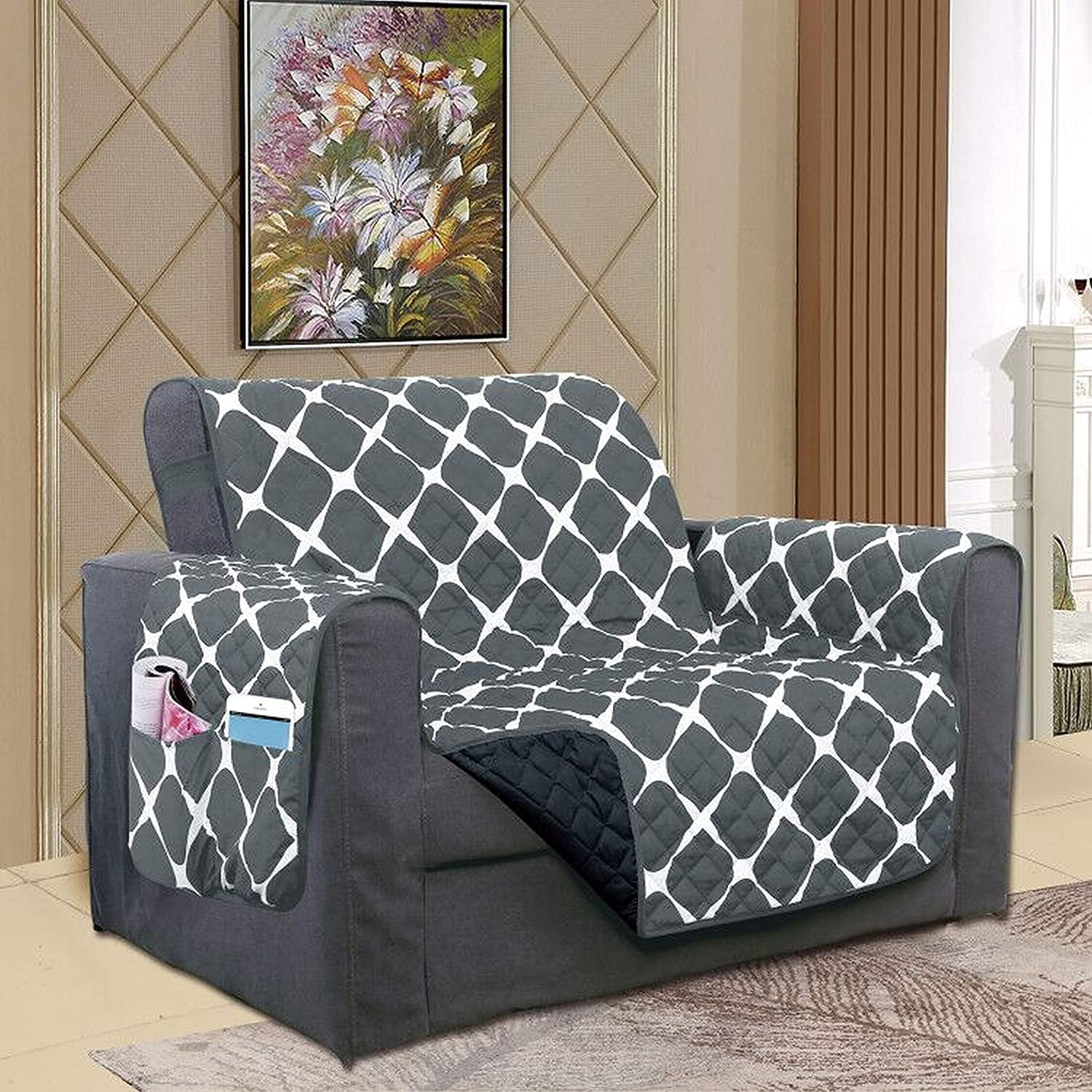 Quilted Reversible Furniture Protector For Pet Dog Children Gray/Black Chair
