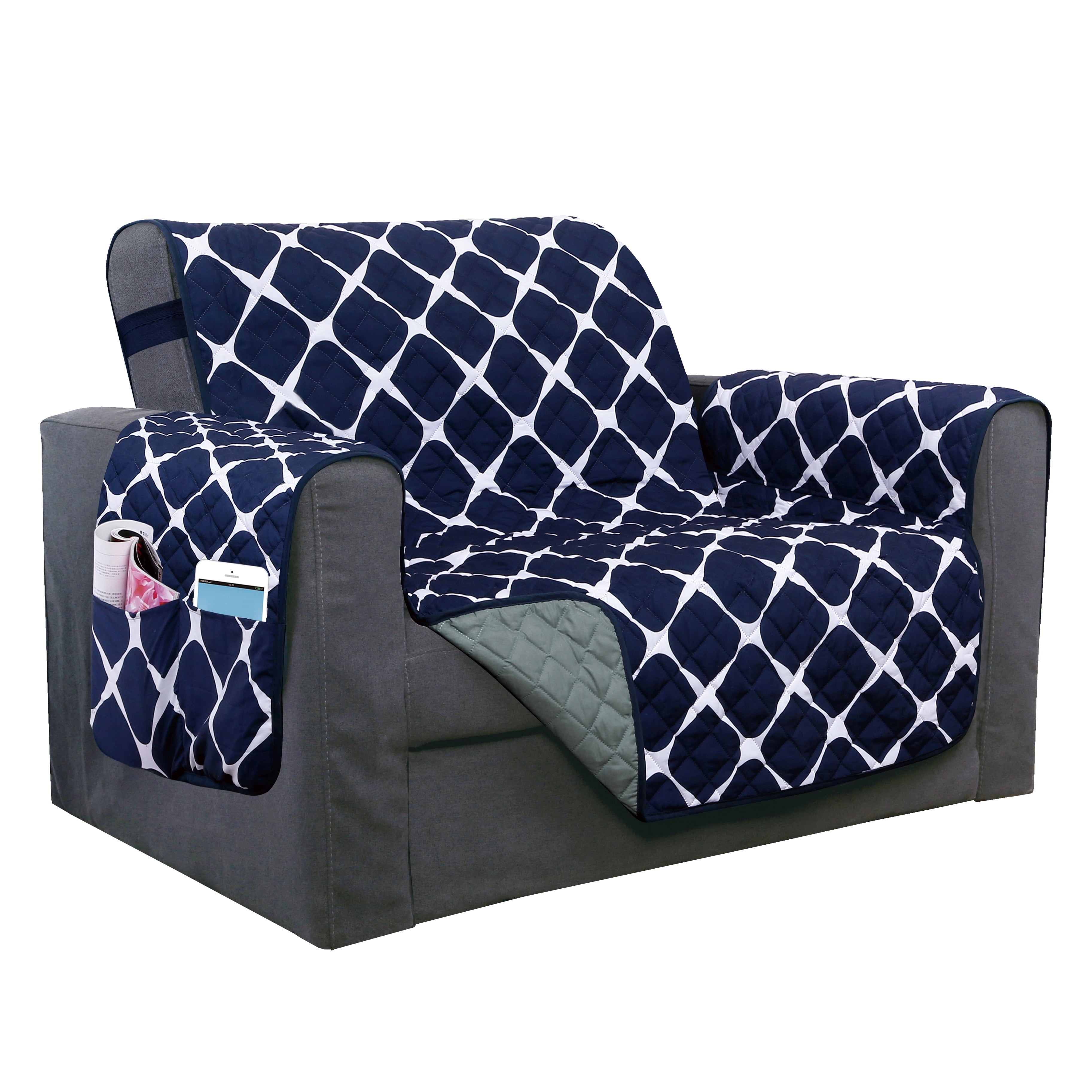 Quilted Reversible Furniture Protector For Pet Dog Children, Navy Blue Chair