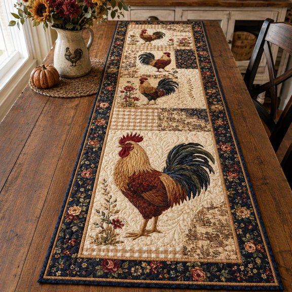 Quilted Rooster Table Runner, Farmhouse Barnyard Decor, Patchwork Country Topper