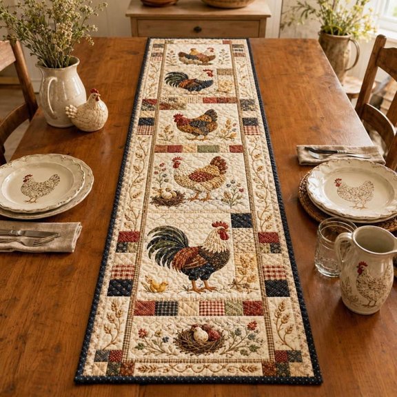 Quilted Rooster Table Runner, Farmhouse Kitchen Linen, Rustic Country Decor