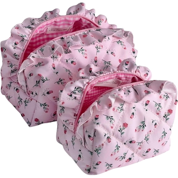 Quilted  Rose Makeup Bag Set of 2, Ruffled  Cute Floral Pouches, Large & Small  Pouch for Purse, Travel  Organizer Bags, Aesthetic Toiletry Bag, Girly Gifts Women Teen Girls