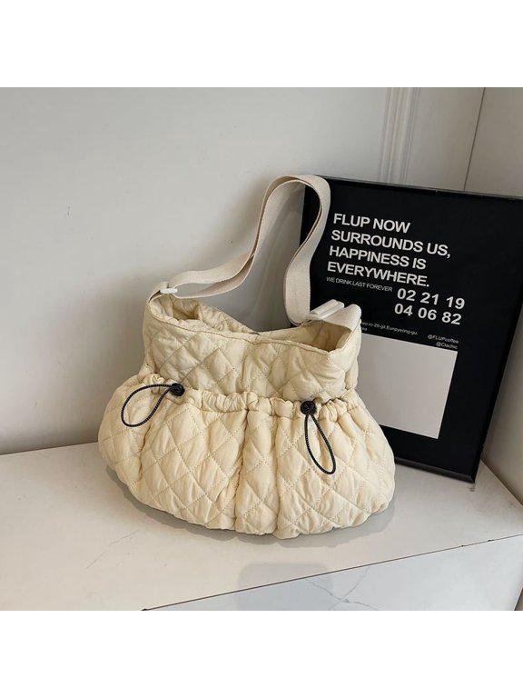 Quilted Ruffle Puff Cloud Shoulder Crossbody Handheld Bag Polyester Ingot Shape Commute Bag Fashion Versatile Autumn Winter Bestseller Tote Bags in Black for Daily Outfits