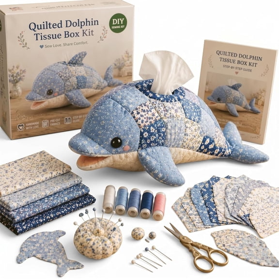 Quilted Sea Animal Tissue Box DIY Kit, 6 Whimsical Ocean Animal Patchwork Designs Sewing Kit, Complete Quilted Tissue Box Cover DIY Kit, Handmade Craft Activity for Adults, Desk Decoration(E)