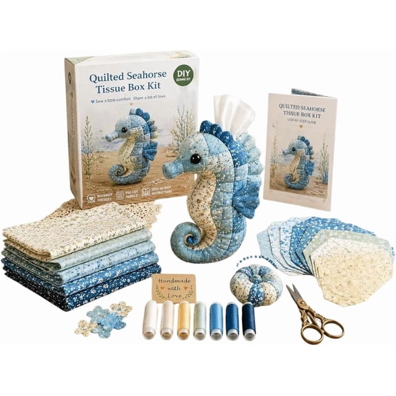 Quilted Sea Animal Tissue Box DIY Kit, 6 Whimsical Ocean Animal Patchwork Designs Sewing Kit, Complete Quilted Tissue Box Cover DIY Kit, Handmade Craft Activity for Adults, Desk Decoration (B)