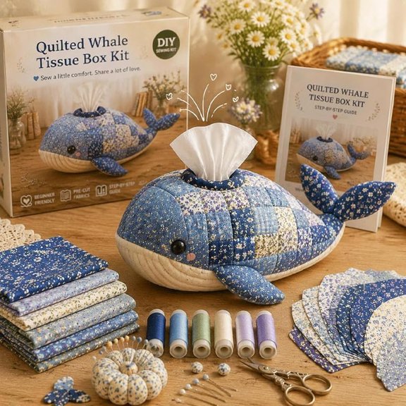 Quilted Sea Animal Tissue Box DIY Kit, 6 Whimsical Ocean Animal Patchwork Designs Sewing Kit, for Home Bedroom Office Desk Decor, Handmade Craft Activity for Adults Beginners (Whale)