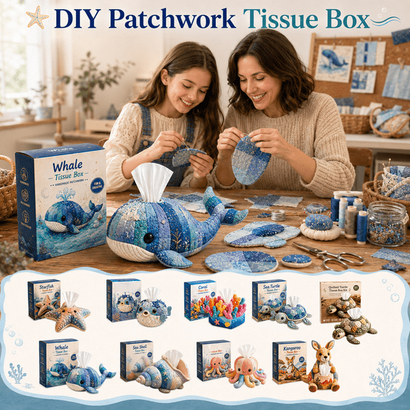 Quilted Sea Animal Tissue Box DIY Kit – Turtle Patchwork Craft Set, Quilted Tissue Box Kit, Sea Animal Sewing Kit for Home Decor Gift (Turtle) Tissue Box