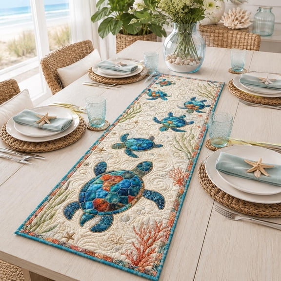 Quilted Sea Turtle Table Runner, Coastal Beach House Decor, Ocean Patchwork Topper