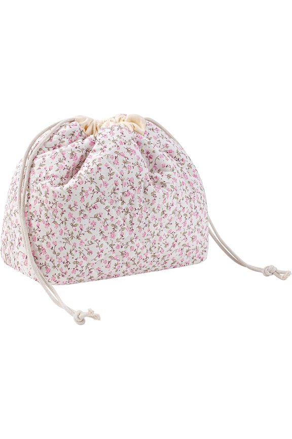 Quilted Seersucker Makeup Bag with Canvas Lining, Aesthetic Cute Travel Toiletry Bag,Drawstring  Bag for Women and Girls(Pinkfloral)