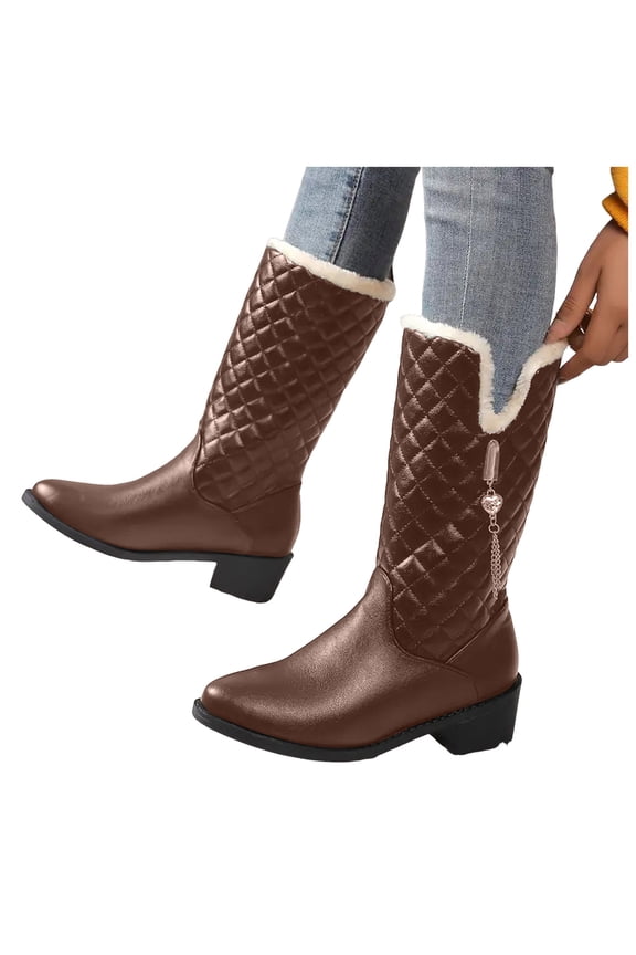 Quilted Snow Boots for Women Furry Lined Rhinestone Tassel Low Heel Mid Calf Winter Warm Booties