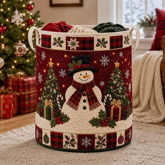 Quilted Snowman Christmas Laundry Basket, Festive Holiday Storage Hamper