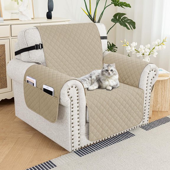 Quilted Sofa Cover Waterproof Couch Covers for 1 Cushion Couch, Super Soft Washable Slipcover with Pockets & Non-Slip Elastic Straps, Thick Furniture Protector (Sofa, Dark Grey)