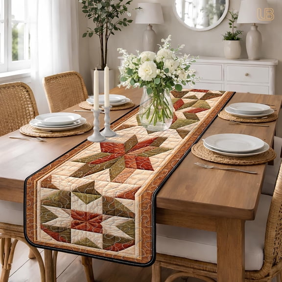 Quilted Star Table Runner, Rustic Earth Tone Patchwork Table Decor, Country Farmhouse Dining Runner, Autumn Harvest Gift, Cotton Bed Runner