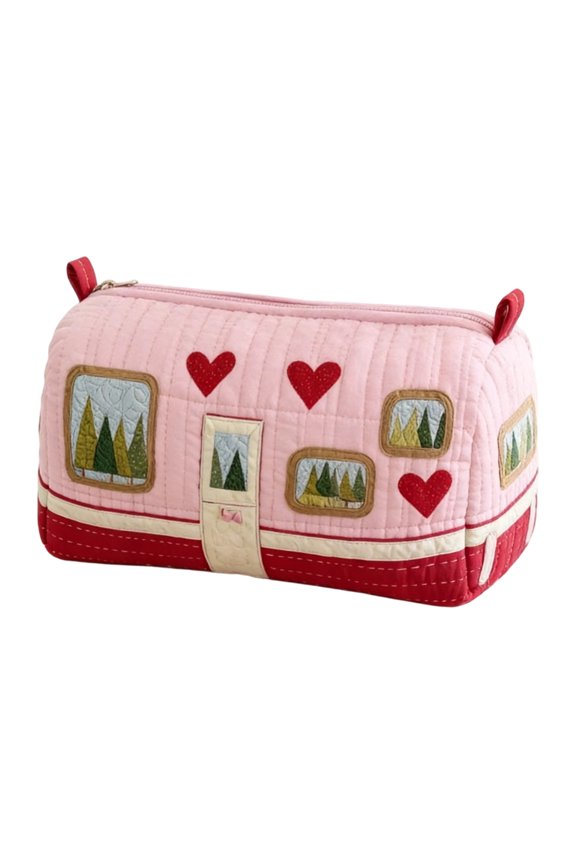 Quilted Storage Bag Makeup Bag Multi Purpose Pouch Medium Size Zip Closure Rectangular Organizer with Printed Van Pattern