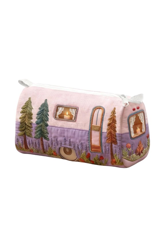 Quilted Storage Bag Makeup Bag Multi Purpose Pouch Medium Size Zip Closure Rectangular Organizer with Printed Van Pattern