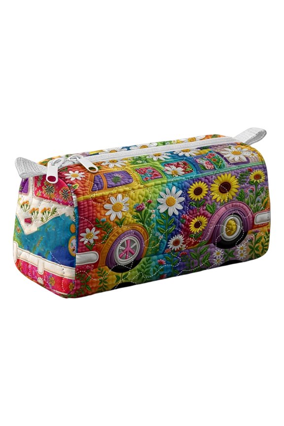 Quilted Storage Bag Makeup Bag Multi Purpose Pouch Medium Size Zip Closure Rectangular Organizer with Printed Van Pattern
